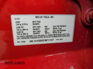 2021 Tesla Model Y Standard Range z VIN 5YJYGDED7MF111377, wystawiony jako Copart lot #45772075 z przebiegiem 34 331 mil mil oraz Szkoda całkowita • Salvage title. Historia ofert i sprzedaży dostępna na DreamBid. Obrazek 12.