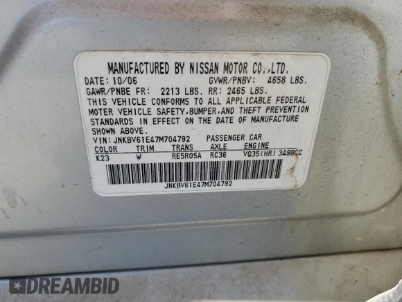 2007 Infiniti G35 Journey with VIN JNKBV61E47M704792, listed as a Copart auction lot 57452365 with Not Provided miles and Clean Title. Bid and sale history available at DreamBid. Image 12.