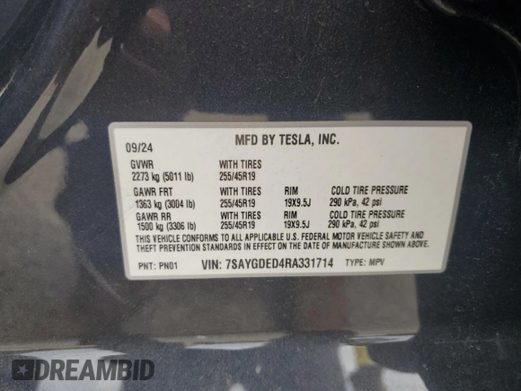 2024 Tesla Model Y z VIN 7SAYGDED4RA331714, wystawiony jako Copart lot #57043915 z przebiegiem Nie podano mil oraz Szkoda całkowita • Salvage title. Historia ofert i sprzedaży dostępna na DreamBid. Obrazek 13.