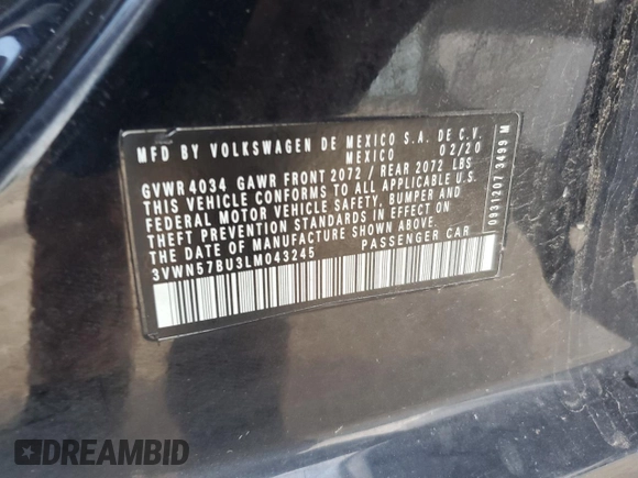 2020 Volkswagen Jetta S with VIN 3VWN57BU3LM043245, listed as a Copart auction lot 63771445 with 50,308 mi miles and Salvage title. Bid and sale history available at DreamBid. Image 12.