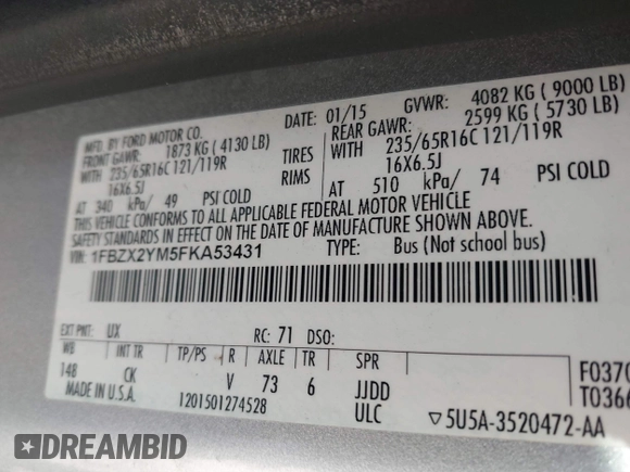 2015 Ford Transit XL с VIN 1FBZX2YM5FKA53431, выставлен на аукционе IAAI как лот 41642635 с пробегом Не указан миль и . История ставок и продаж доступна на DreamBid. Изображение 9.