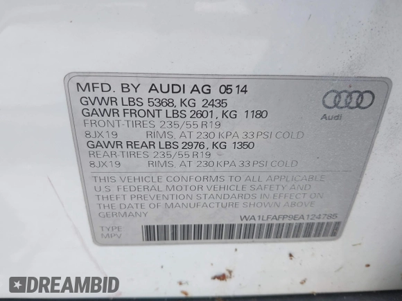 2014 Audi Q5 Premium Plus with VIN WA1LFAFP9EA124785, listed as a IAAI auction lot 42511649 with 99,109 mi miles and . Bid and sale history available at DreamBid. Image 9.