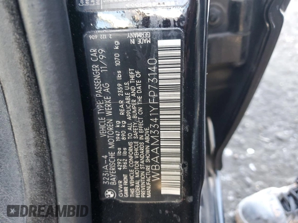 2000 BMW 3 Series 323i z VIN WBAAM3341YFP73140, wystawiony jako Copart lot #88599885 z przebiegiem Nie podano mil oraz Nie do naprawy • Non repairable. Historia ofert i sprzedaży dostępna na DreamBid. Obrazek 12.