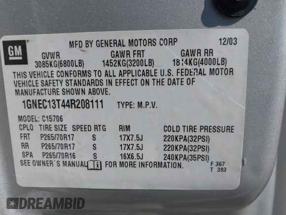 2004 Chevrolet Tahoe LS with VIN 1GNEC13T44R208111, listed as a IAAI auction lot 42189452 with 207,736 mi miles and . Bid and sale history available at DreamBid. Image 9.