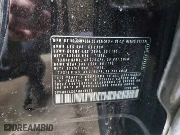 2023 Volkswagen Tiguan SE with VIN 3VVMB7AX0PM074835, listed as a Copart auction lot 44684735 with 18,481 mi miles and Salvage Title. Bid and sale history available at DreamBid. Image 13.