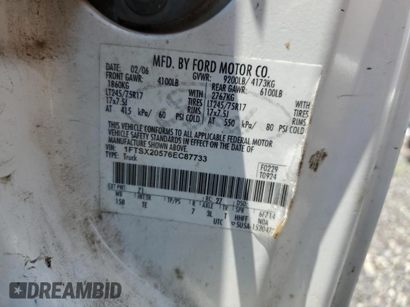 2006 Ford F-250 XL with VIN 1FTSX20576EC87733, listed as a Copart auction lot 62748595 with 285,236 mi miles and Salvage title. Bid and sale history available at DreamBid. Image 12.