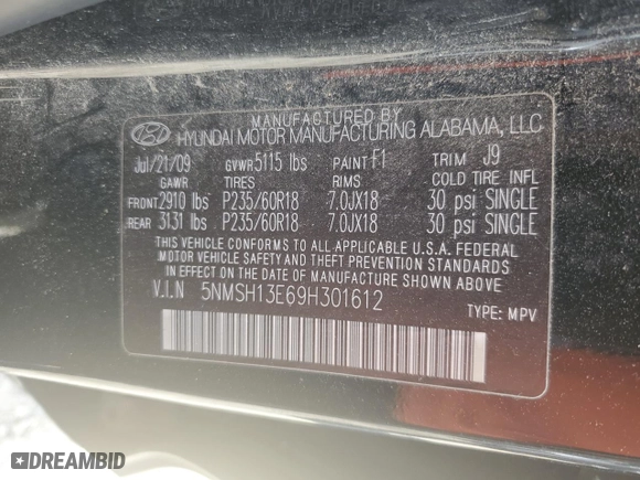 2009 Hyundai Santa Fe SE with VIN 5NMSH13E69H301612, listed as a Copart auction lot 49039005 with 214,882 mi miles and Salvage Title. Bid and sale history available at carsss.com. Image 13.
