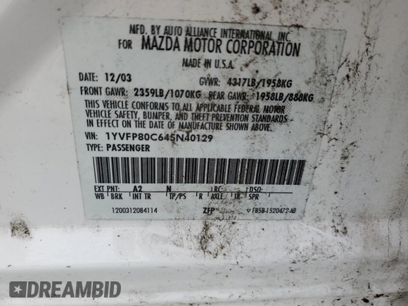 2004 Mazda 6 i with VIN 1YVFP80C645N40129, listed as a Copart auction lot 78527424 with 146,573 mi miles and Salvage Title. Bid and sale history available at DreamBid. Image 14.
