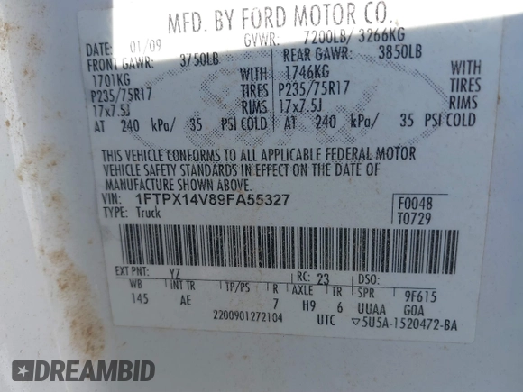 2009 Ford F-150 XL with VIN 1FTPX14V89FA55327, listed as a IAAI auction lot 41686042 with Not Provided miles. Bid and sale history available at carsss.com. Image 9.