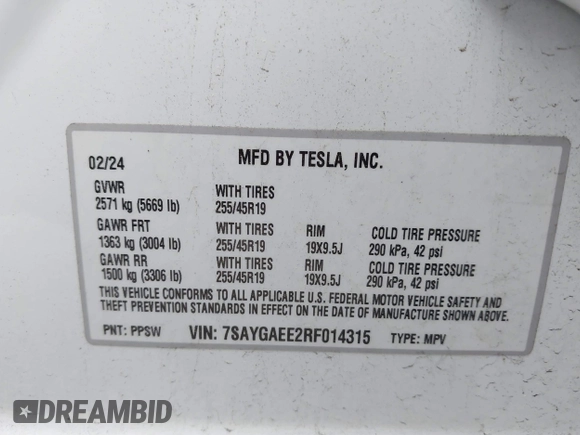 2024 Tesla Model Y Long Range with VIN 7SAYGAEE2RF014315, listed as a IAAI auction lot 42053183 with 36,521 mi miles and . Bid and sale history available at DreamBid. Image 9.