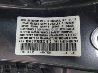 2019 Honda Civic Sedan EX with VIN 19XFC1F38KE201910, listed as a IAAI auction lot 41892284 with 319,049 mi miles. Bid and sale history available at carsss.com. Image 9.