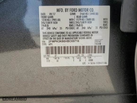 2017 Ford Edge Titanium with VIN 2FMPK3K80HBC69716, listed as a Copart auction lot 44127295 with 105,245 mi miles and Salvage Title. Bid and sale history available at carsss.com. Image 13.