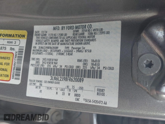 2015 Lincoln MKZ with VIN 3LN6L2J98FR620089, listed as a IAAI auction lot 41805555 with Not provided miles and . Bid and sale history available at DreamBid. Image 9.