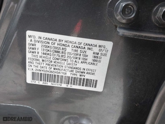 2012 Acura MDX Tech Pkg with VIN 2HNYD2H36CH547768, listed as a IAAI auction lot 41411994 with 134357 miles. Bid and sale history available at carsss.com. Image 9.