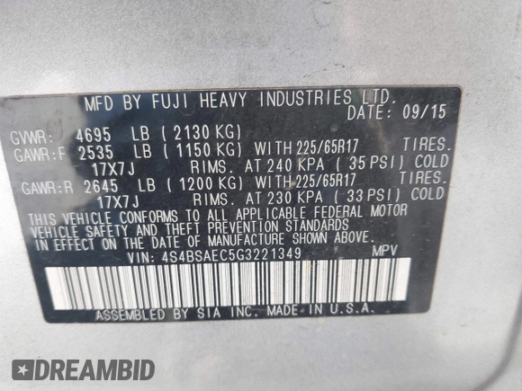 2016 Subaru Outback Premium with VIN 4S4BSAEC5G3221349, listed as a IAAI auction lot 42550233 with 119,762 mi miles and . Bid and sale history available at DreamBid. Image 9.