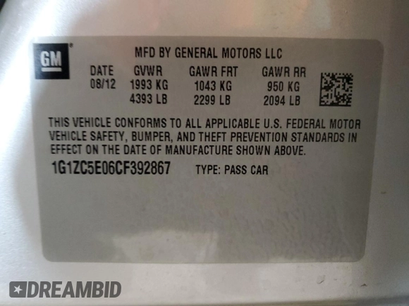 2012 Chevrolet Malibu 1LT with VIN 1G1ZC5E06CF392867, listed as a Copart auction lot 42761365 with 98,262 mi miles and Salvage Title. Bid and sale history available at DreamBid. Image 12.