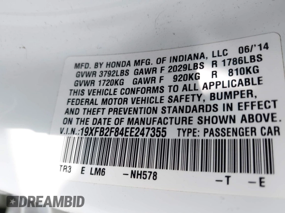 2014 Honda Civic EX with VIN 19XFB2F84EE247355, listed as a IAAI auction lot 41717219 with 134,520 mi miles. Bid and sale history available at carsss.com. Image 9.