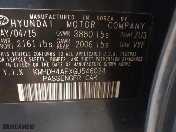 2016 Hyundai Elantra Value Edition with VIN KMHDH4AEXGU546024, listed as a IAAI auction lot 41956007 with 91,642 mi miles. Bid and sale history available at carsss.com. Image 9.