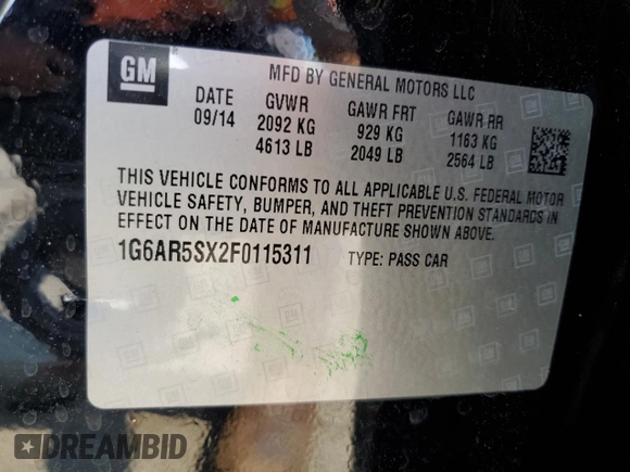 2015 Cadillac CTS Luxury RWD with VIN 1G6AR5SX2F0115311, listed as a Copart auction lot 58944915 with 34,764 mi miles and Salvage title. Bid and sale history available at DreamBid. Image 12.