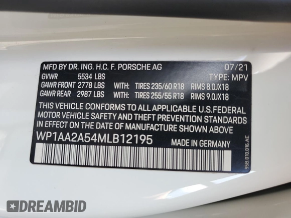 2021 Porsche Macan with VIN WP1AA2A54MLB12195, listed as a Copart auction lot 61242135 with Not provided miles and Salvage title. Bid and sale history available at DreamBid. Image 14.