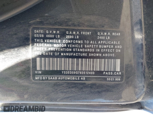 2008 Saab 9-5 with VIN YS3ED59G783512400, listed as a IAAI auction lot 39515457 with 157,785 mi miles. Bid and sale history available at carsss.com. Image 9.