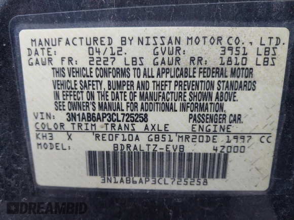 2012 Nissan Sentra SR with VIN 3N1AB6AP3CL725258, listed as a IAAI auction lot 42208967 with 124,813 mi miles and . Bid and sale history available at DreamBid. Image 9.