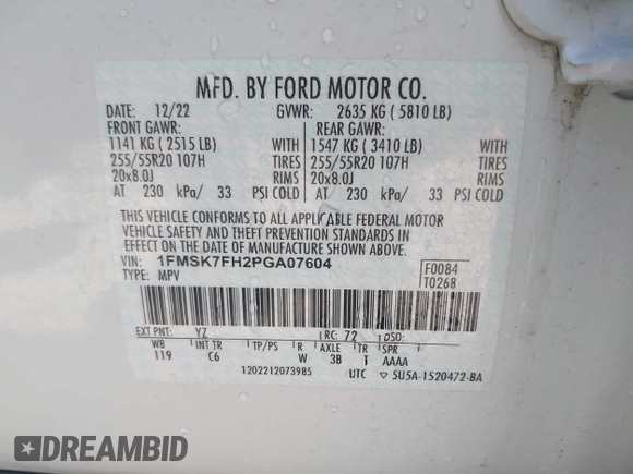 2023 Ford Explorer Limited with VIN 1FMSK7FH2PGA07604, listed as a IAAI auction lot 42012156 with 38,183 mi miles. Bid and sale history available at carsss.com. Image 9.