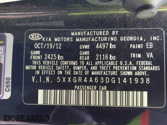 2013 Kia Optima SX with VIN 5XXGR4A63DG141938, listed as a IAAI auction lot 41760964 with 77,241 mi miles and . Bid and sale history available at DreamBid. Image 9.
