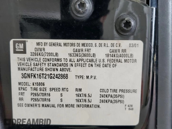 2001 Chevrolet Suburban LT with VIN 3GNFK16T21G242868, listed as a Copart auction lot 73703894 with 359,694 mi miles and Salvage Title. Bid and sale history available at carsss.com. Image 13.