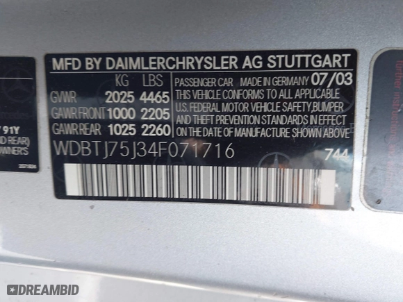 2004 Mercedes-Benz CLK-Class 5.0L with VIN WDBTJ75J34F071716, listed as a IAAI auction lot 41818093 with 100,142 mi miles. Bid and sale history available at carsss.com. Image 9.