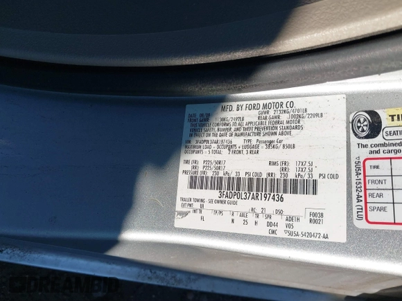2010 Ford Fusion Hybrid with VIN 3FADP0L37AR197436, listed as a IAAI auction lot 41770917 with Not provided miles and . Bid and sale history available at DreamBid. Image 9.