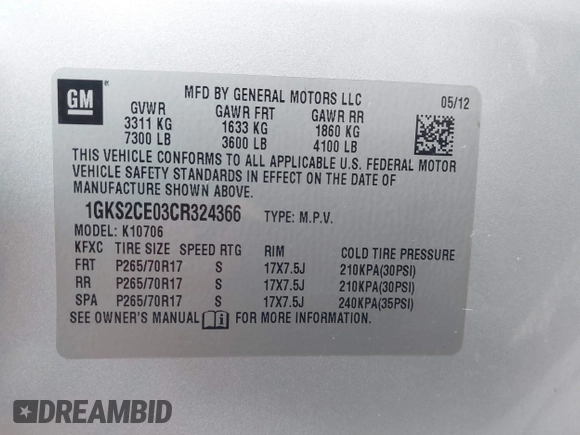 2012 GMC Yukon SLT with VIN 1GKS2CE03CR324366, listed as a IAAI auction lot 41473131 with 161,847 mi miles. Bid and sale history available at carsss.com. Image 9.