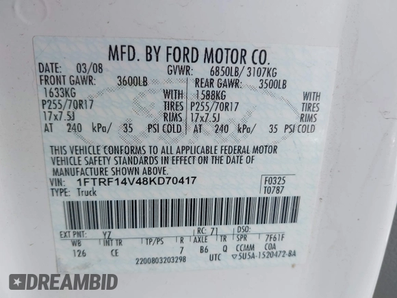 2008 Ford F-150 XL with VIN 1FTRF14V48KD70417, listed as a IAAI auction lot 41763174 with 109,807 mi miles. Bid and sale history available at carsss.com. Image 9.