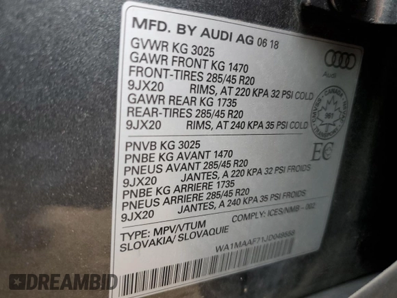 2018 Audi Q7 z VIN WA1MAAF71JD049558, wystawiony jako Copart lot #69534294 z przebiegiem 42 570 mil mil oraz Szkoda całkowita • Salvage title. Historia ofert i sprzedaży dostępna na DreamBid. Obrazek 14.