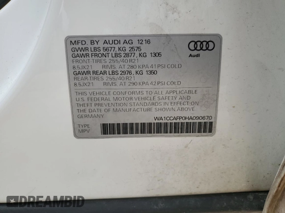 2017 Audi SQ5 Premium Plus with VIN WA1CCAFP0HA090670, listed as a Copart auction lot 59568085 with 106,057 mi miles and Salvage title. Bid and sale history available at DreamBid. Image 13.