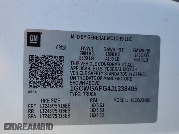 2018 Chevrolet Express Cargo with VIN 1GCWGAFG4J1338495, listed as a Copart auction lot 88013295 with 141,681 mi miles and Salvage title. Bid and sale history available at DreamBid. Image 14.