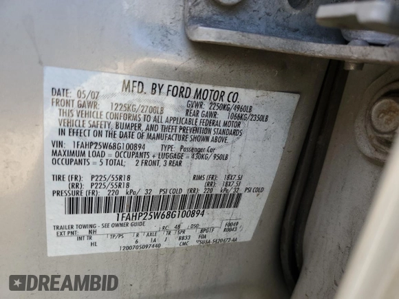 2008 Ford Taurus Limited with VIN 1FAHP25W68G100894, listed as a Copart auction lot 56946174 with 0 mi miles and Salvage Title. Bid and sale history available at carsss.com. Image 12.
