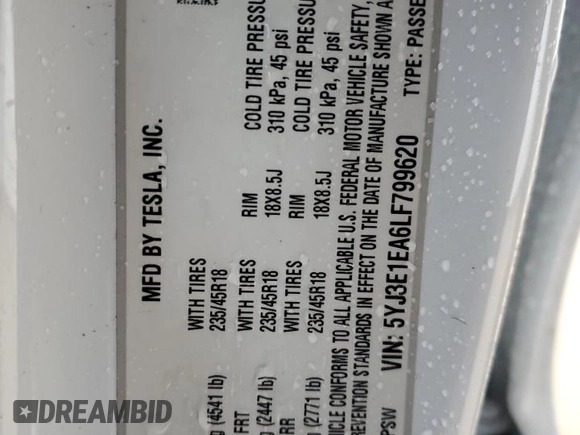2020 Tesla Model 3 Standard Range Plus with VIN 5YJ3E1EA6LF799620, listed as a Copart auction lot 44887715 with 55,458 mi miles and Clean Title. Bid and sale history available at DreamBid. Image 12.