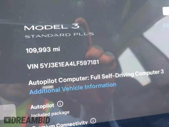 2020 Tesla Model 3 Standard Range Plus z VIN 5YJ3E1EA4LF597181, wystawiony jako IAAI lot #42283159 z przebiegiem 109 993 mil mil oraz . Historia ofert i sprzedaży dostępna na DreamBid. Obrazek 7.