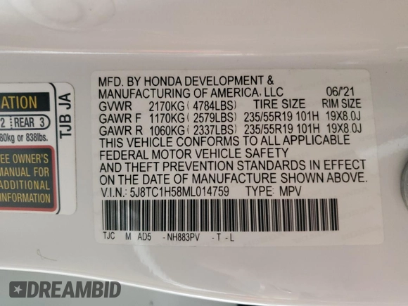2021 Acura RDX w/Technology Package with VIN 5J8TC1H58ML014759, listed as a Copart auction lot 64709244 with Not Provided miles and Non Repairable. Bid and sale history available at carsss.com. Image 13.