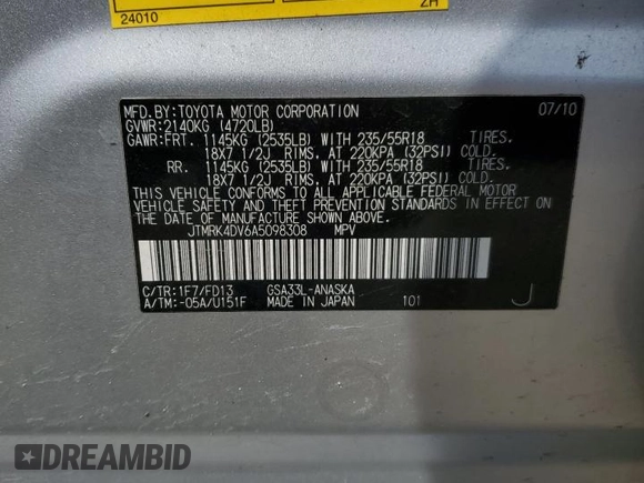 2010 Toyota RAV4 Sport with VIN JTMRK4DV6A5098308, listed as a Copart auction lot 53586165 with 167,429 mi miles and Salvage title. Bid and sale history available at DreamBid. Image 13.