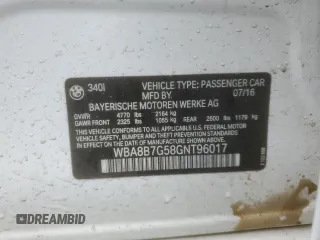 2016 BMW 3 Series 340i xDrive with VIN WBA8B7G58GNT96017, listed as a Copart auction lot 45542255 with 38,542 mi miles and Salvage title. Bid and sale history available at DreamBid. Image 15.