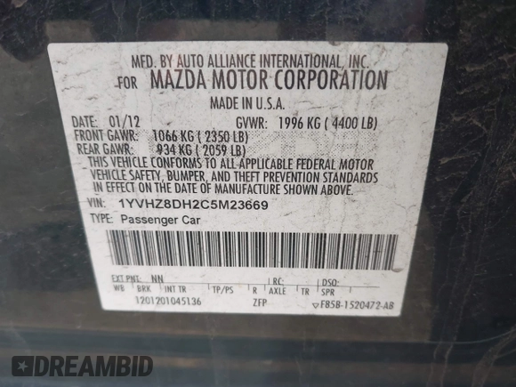 2012 Mazda 6 i Touring with VIN 1YVHZ8DH2C5M23669, listed as a IAAI auction lot 42247758 with 123,389 mi miles and . Bid and sale history available at DreamBid. Image 9.