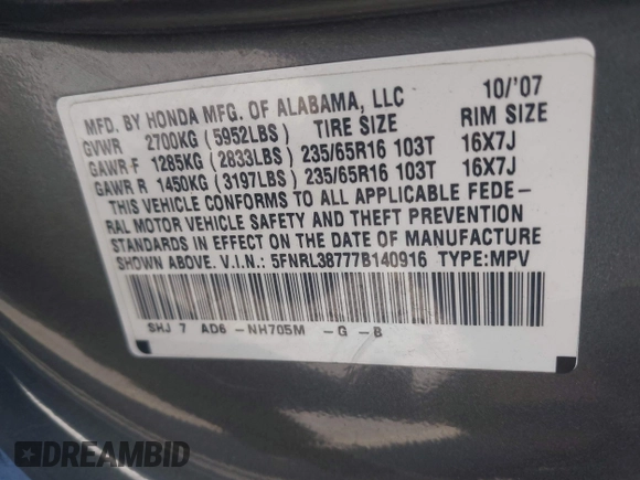 2007 Honda Odyssey EX-L with VIN 5FNRL38777B140916, listed as a IAAI auction lot 42159976 with 167,541 mi miles. Bid and sale history available at carsss.com. Image 9.