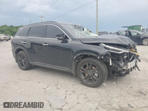 2025 Infiniti QX60 Luxe with VIN 5N1AL1FS8SC333957, listed as a Copart auction lot 57148515 with 22,624 mi miles and Salvage title. Bid and sale history available at DreamBid. Image 4.