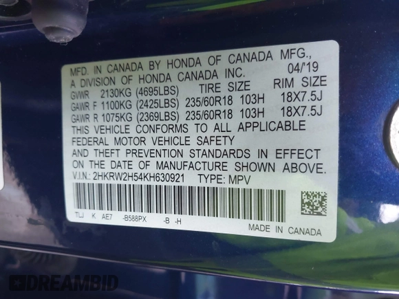 2019 Honda CR-V EX with VIN 2HKRW2H54KH630921, listed as a IAAI auction lot 41366277 with 103,075 mi miles and . Bid and sale history available at DreamBid. Image 9.