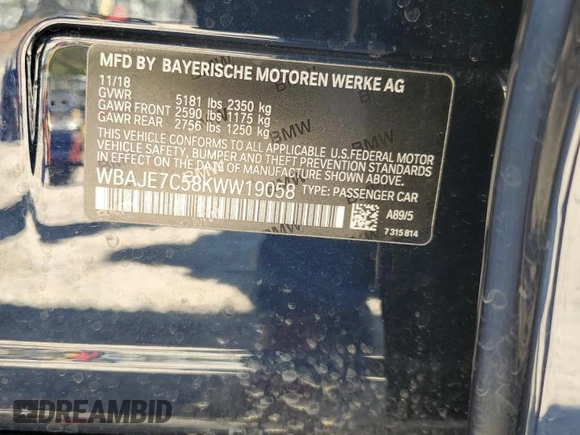 2019 BMW 5 Series 540i xDrive with VIN WBAJE7C58KWW19058, listed as a Copart auction lot 48414445 with 56,506 mi miles and Salvage Title. Bid and sale history available at carsss.com. Image 13.