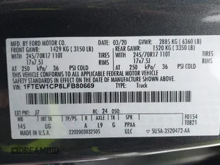 2020 Ford F-150 XL with VIN 1FTEW1CP8LFB80669, listed as a IAAI auction lot 42334386 with Not provided miles and . Bid and sale history available at DreamBid. Image 9.