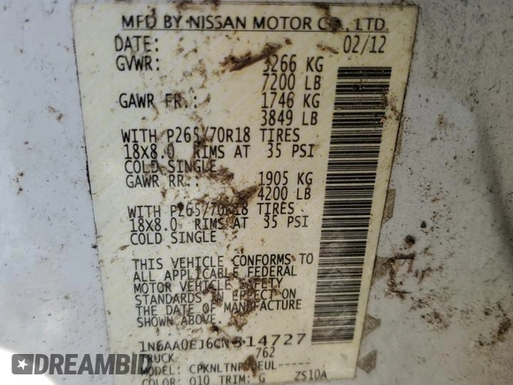 2012 Nissan Titan S with VIN 1N6AA0EJ6CN314727, listed as a Copart auction lot 76526594 with Not Provided miles and Non Repairable. Bid and sale history available at carsss.com. Image 12.