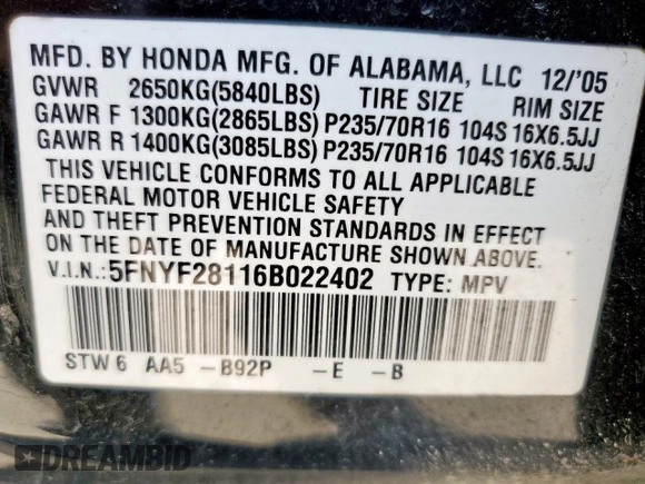 2006 Honda Pilot LX with VIN 5FNYF28116B022402, listed as a Copart auction lot 57600105 with 226,999 mi miles and Salvage title. Bid and sale history available at DreamBid. Image 13.